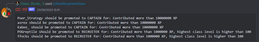 The bot displaying a list of players who should be promoted and the reason(s) why.