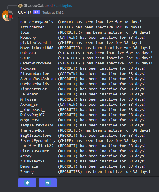 The bot responding to the lastlogins command.