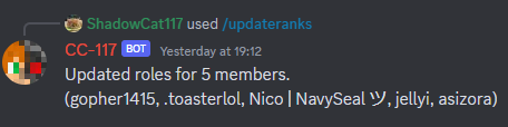 The bot sending a message on how many members have had their roles updated.