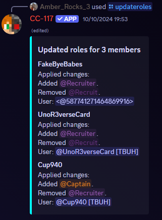 The bot responding to a command to update member roles.