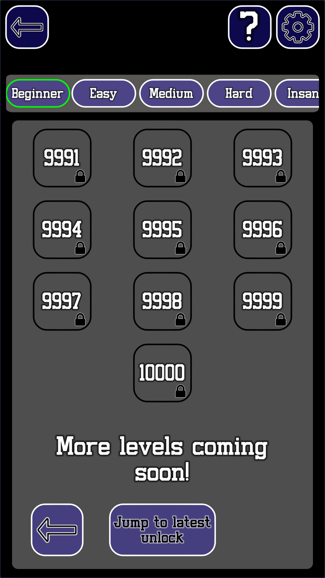 A screenshot of the final page of beginner levels, displaying up to level 10,000.