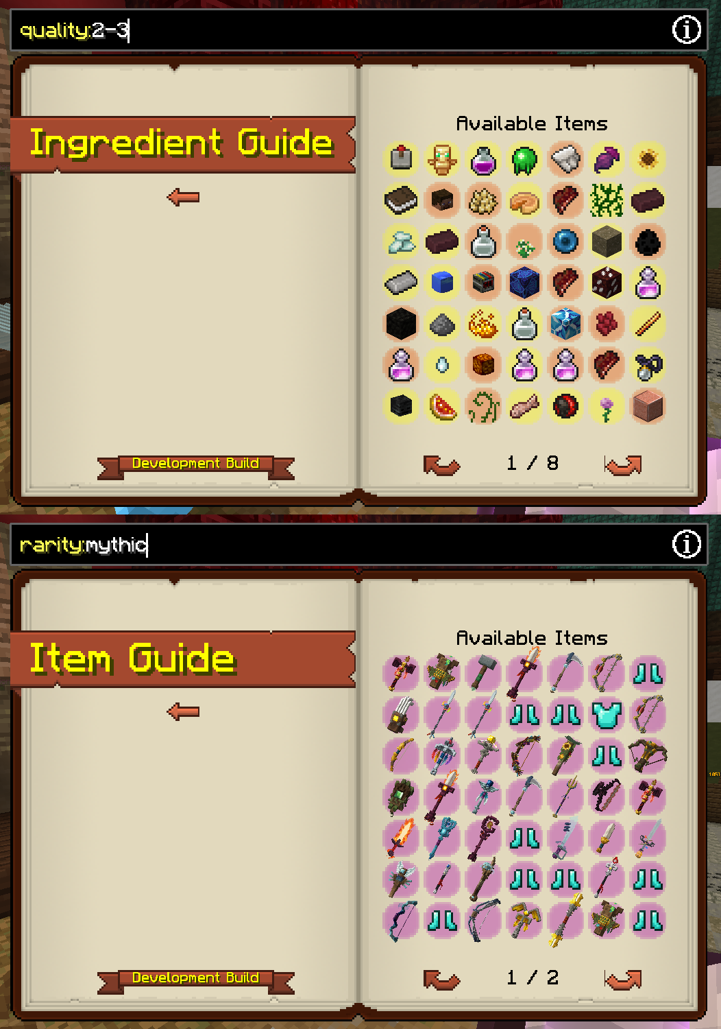 A screenshot of the guide screen with quality and rarity filters active.